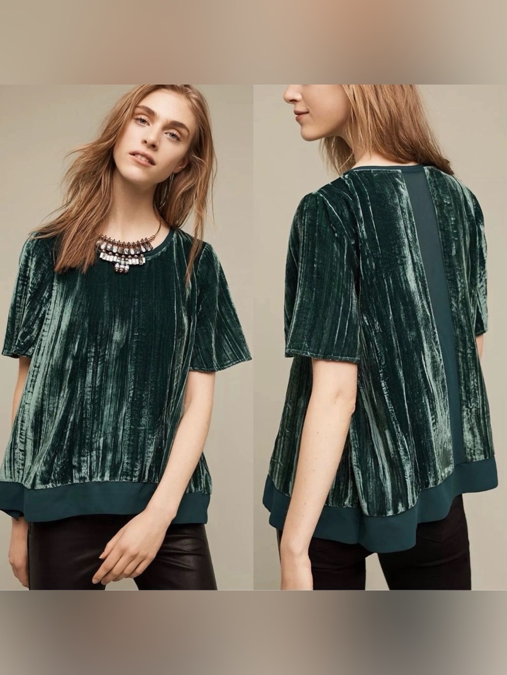 Maeve Anthropologie Emerald Green Crushed Velvet Mesh Back Top Size XS